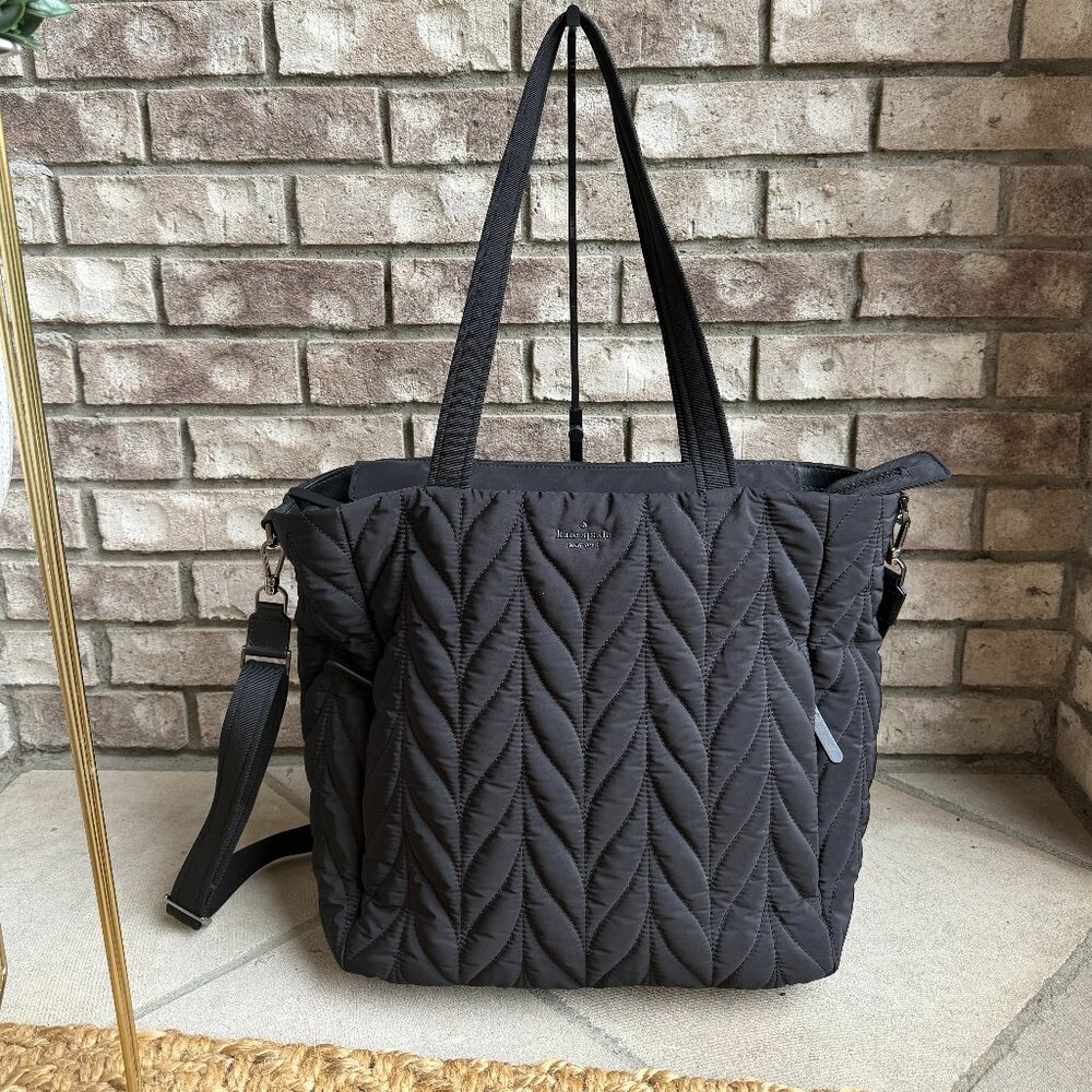 KATE SPADE ELLIE DIAPER BAG Women's Quilted Nylon Utility Tote Bag Black Preppy